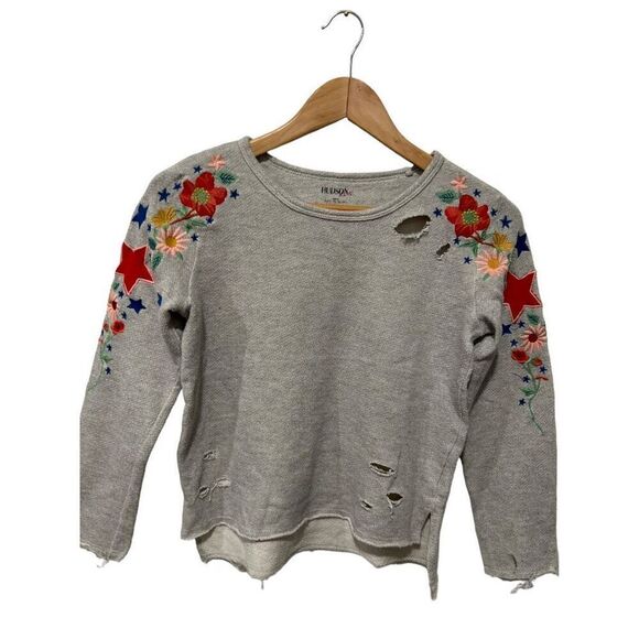 Hudson Kids Embroidered Destructed Distressed Grey Floral Sweater Kids Size 9/10 - Picture 3 of 9